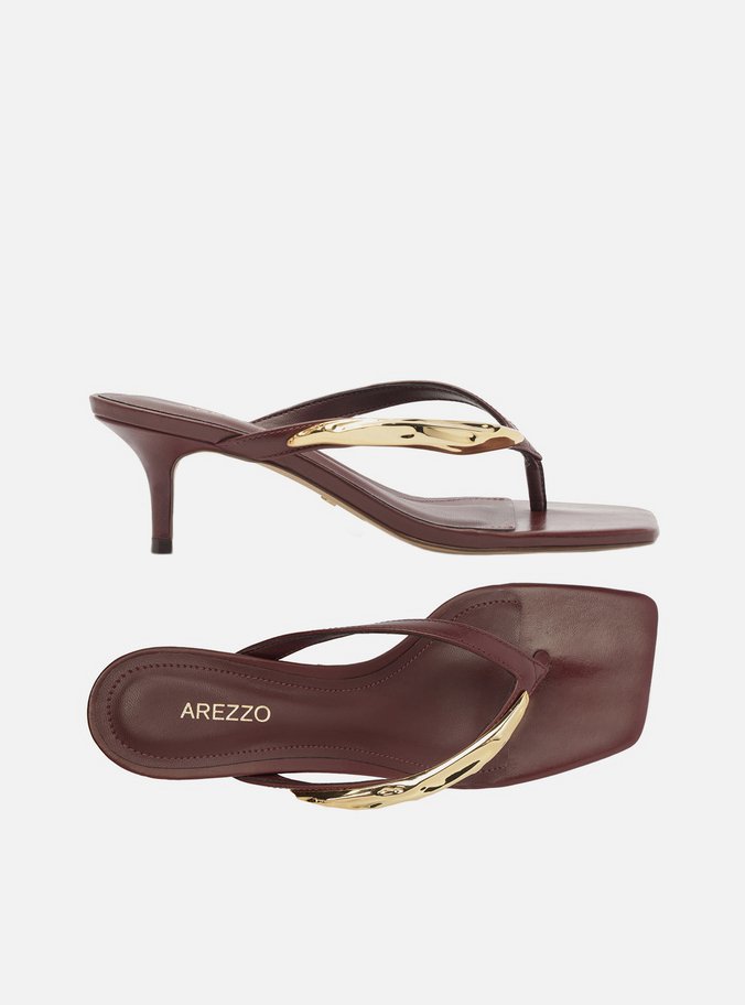 Tamanco Vinho Couro Salto Fino Flip Flop Metal