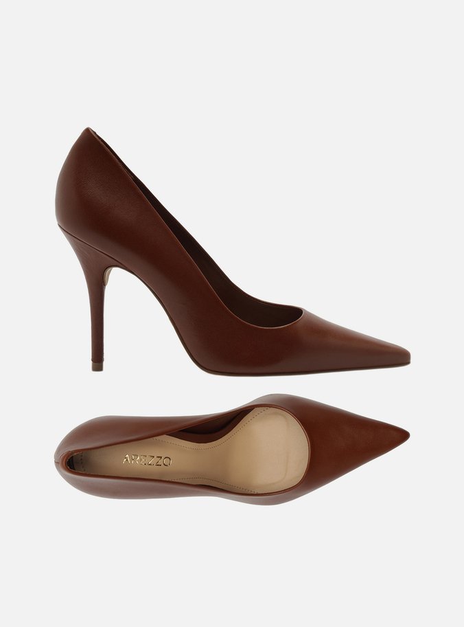 Scarpin Marrom Couro Salto Alto Bico Fino Gigi