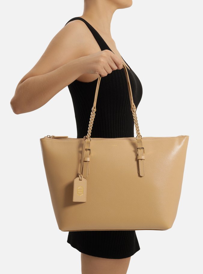 Bolsa Shopping Bege Couro Grande Alça Corrente