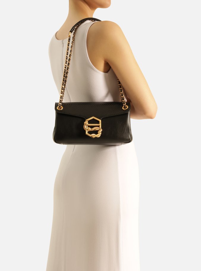 Bolsa Tiracolo Preta Couro Snake Média