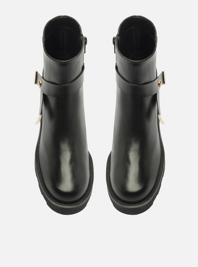 Bota Preta Couro Cano Curto Salto Alto Tira