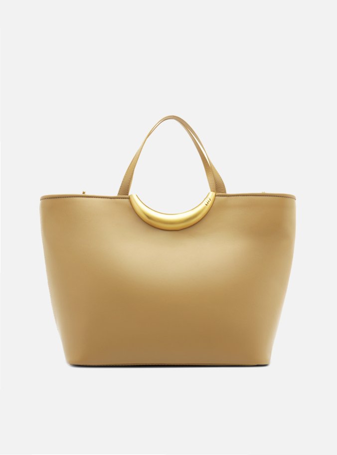 Bolsa Shopping Bege Couro Grande Metal Bold