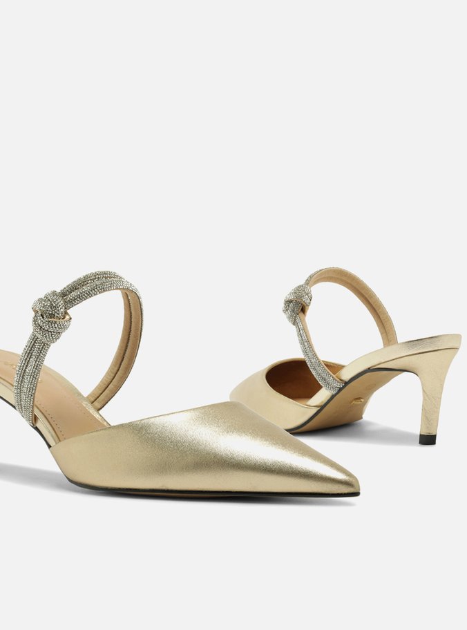 Scarpin Dourado Couro Aberto Tiras Strass