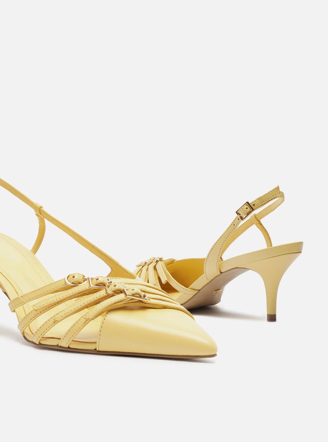 Scarpin Amarelo Couro Salto Kitten Tiras Fivelas
