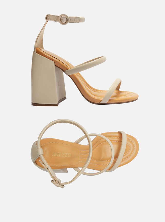 Sandália Off-White Couro Salto Alto Bloco Tiras