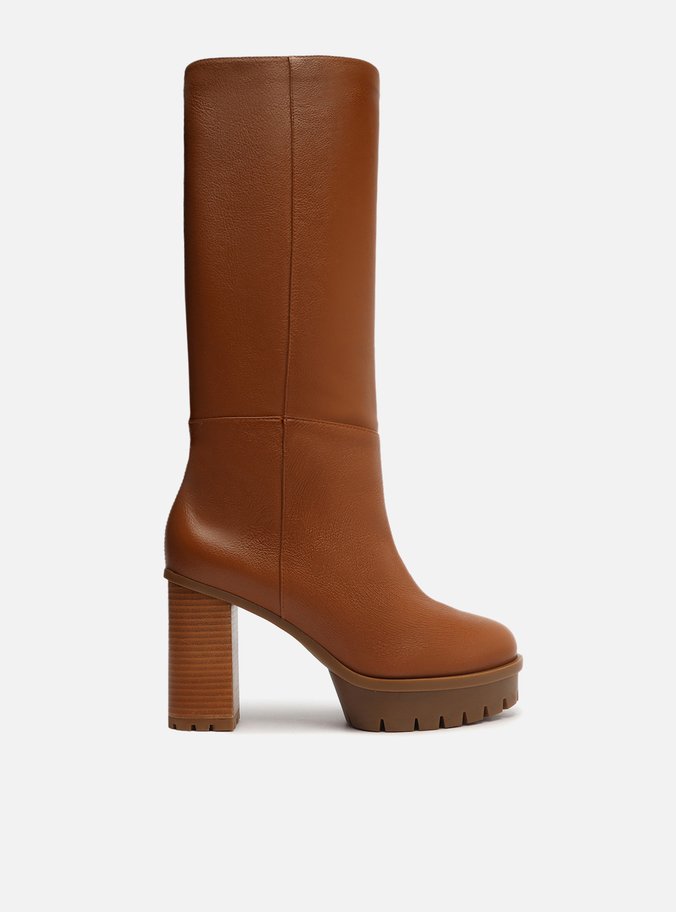 Bota Marrom Couro Cano Longo Salto Bloco