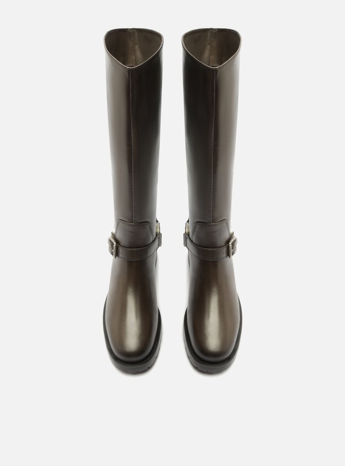 Bota Marrom Couro Cano Longo Tratorada Fivelas