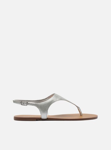 Sandália Rasteira Prata Couro Thong Básica