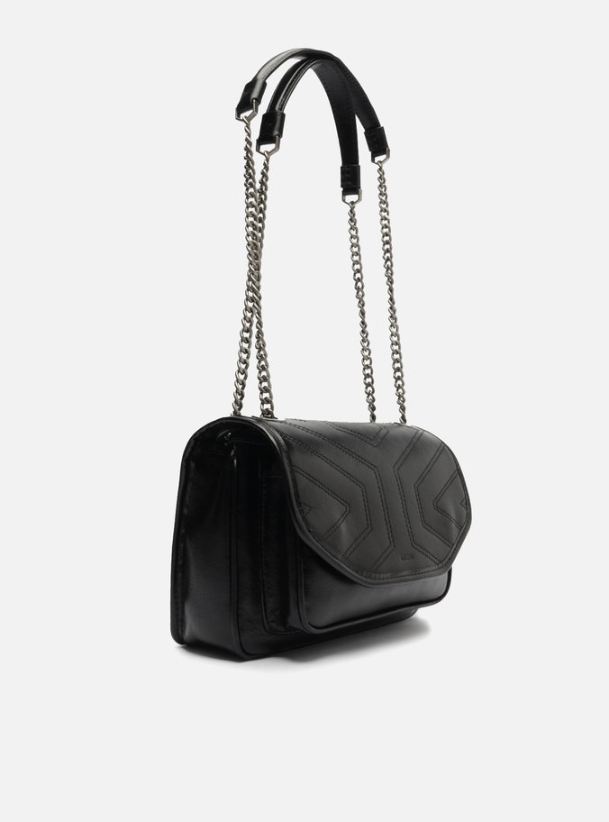 Bolsa Tiracolo Preta Couro Costuras Corrente