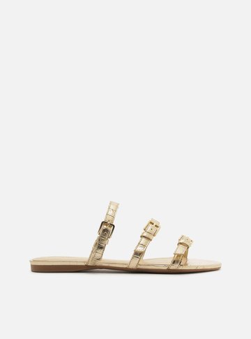 Rasteira Dourada Croco Tiras Fivelas