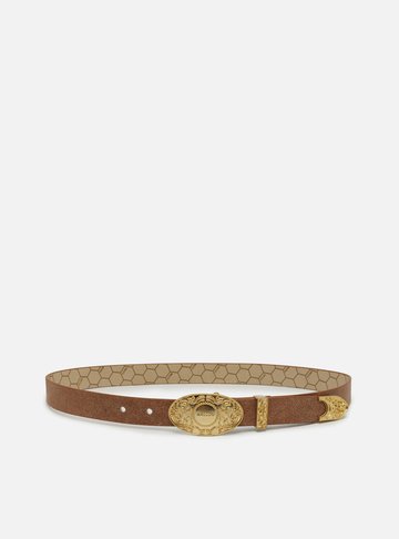 Cinto Marrom Couro Largo Fivela Oval Metal