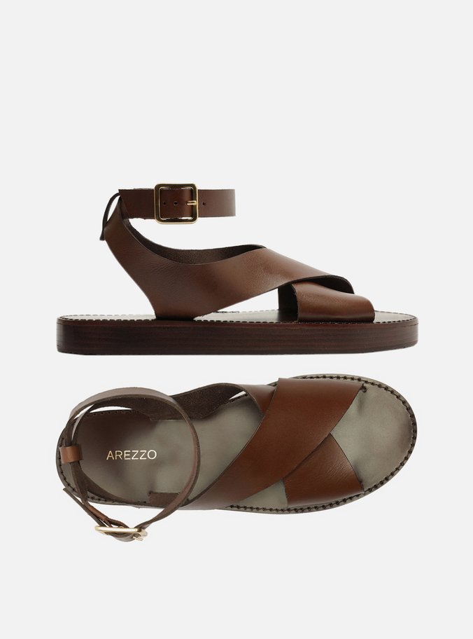 Sandália Marrom Couro Flatform Tiras Largas