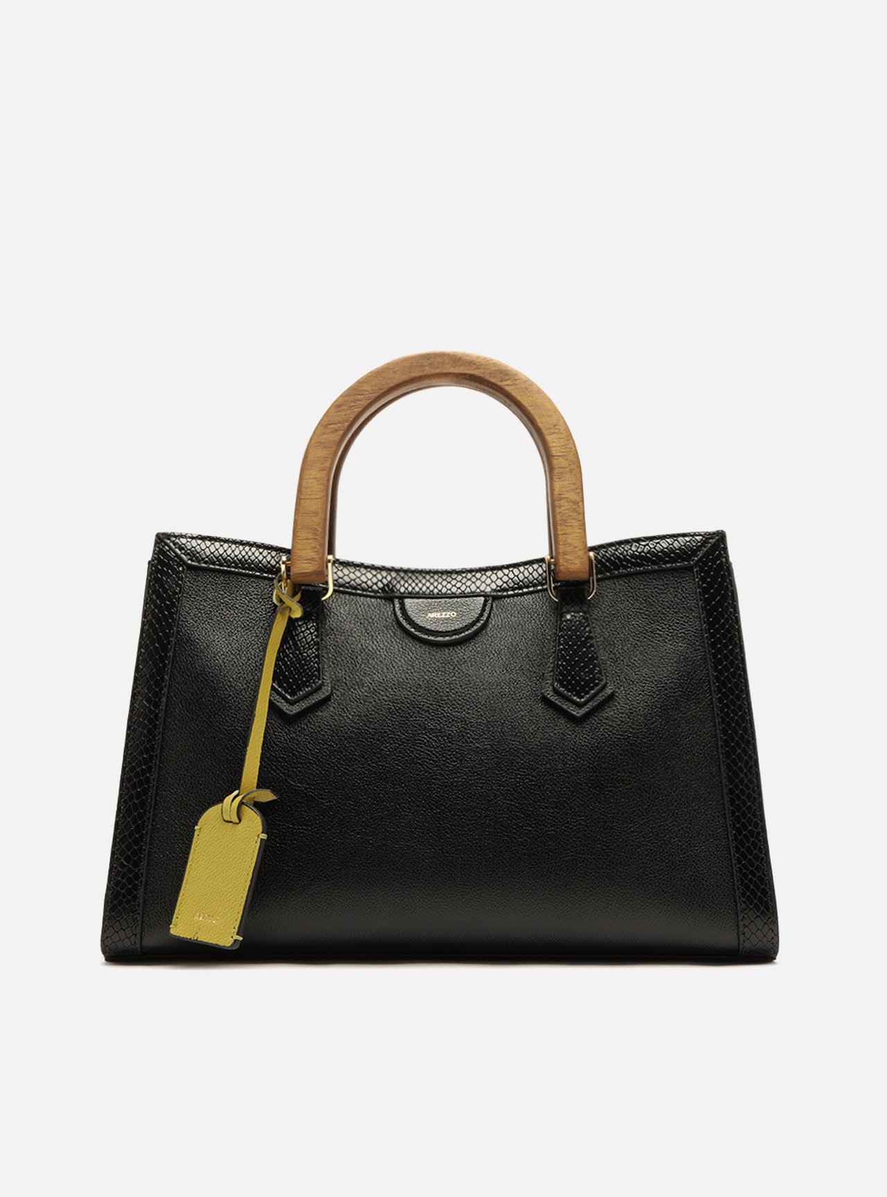 Bolsa Tote Preta Couro Média Alça Madeira — foto 1