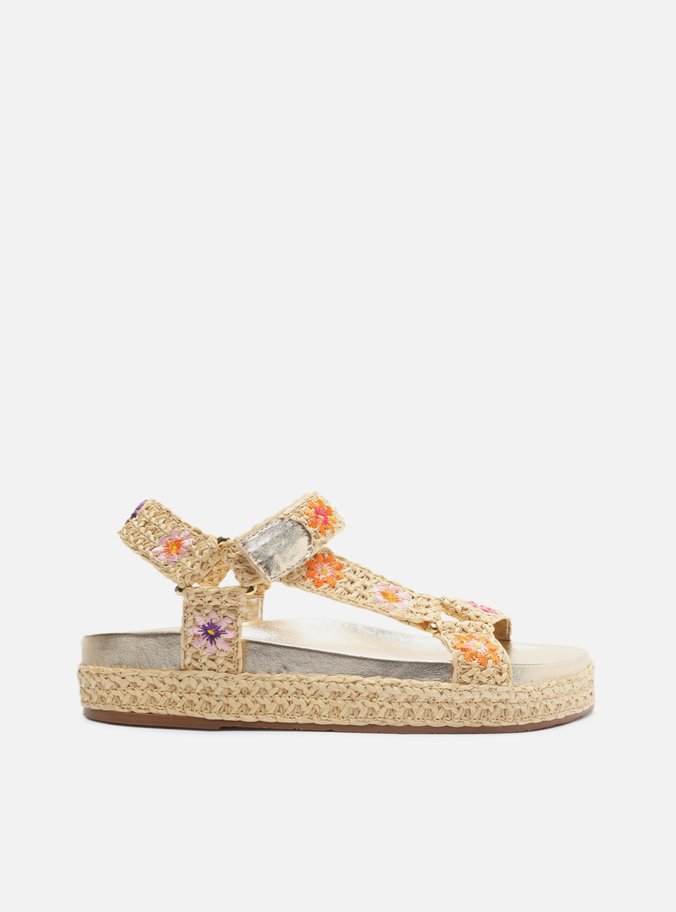 Sandália Papete Cru Crochê Flatform Flores
