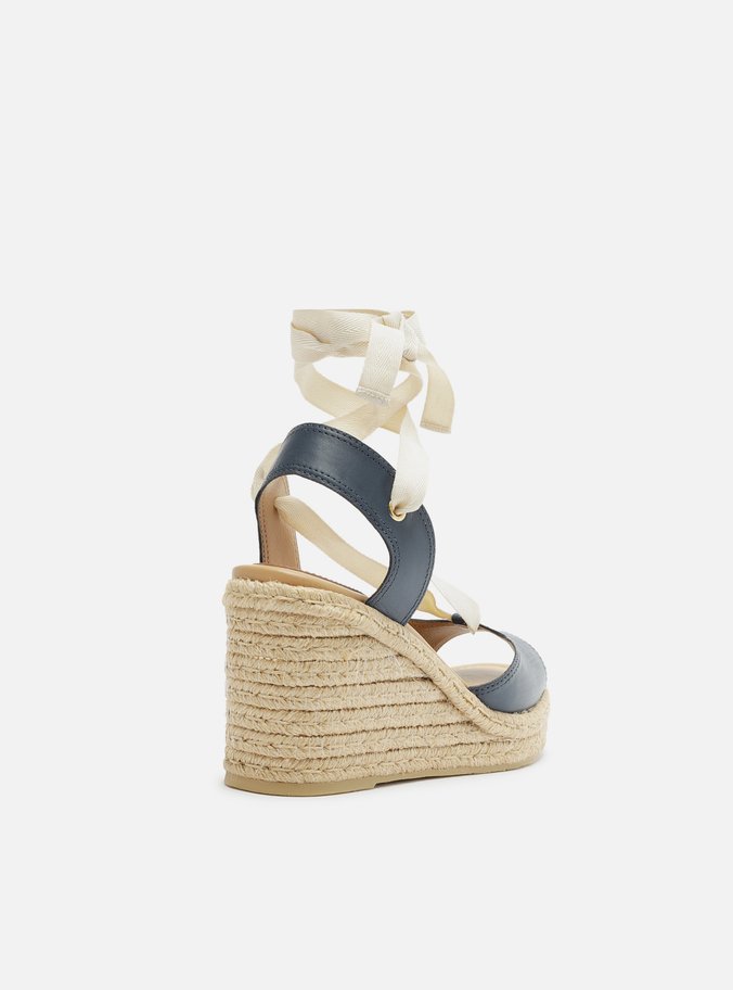 Espadrille Azul Couro Plataforma Amarração