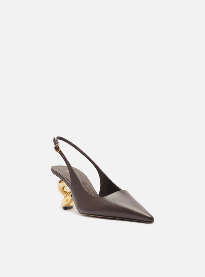 Scarpin Marrom Couro Salto Geométrico Slingback