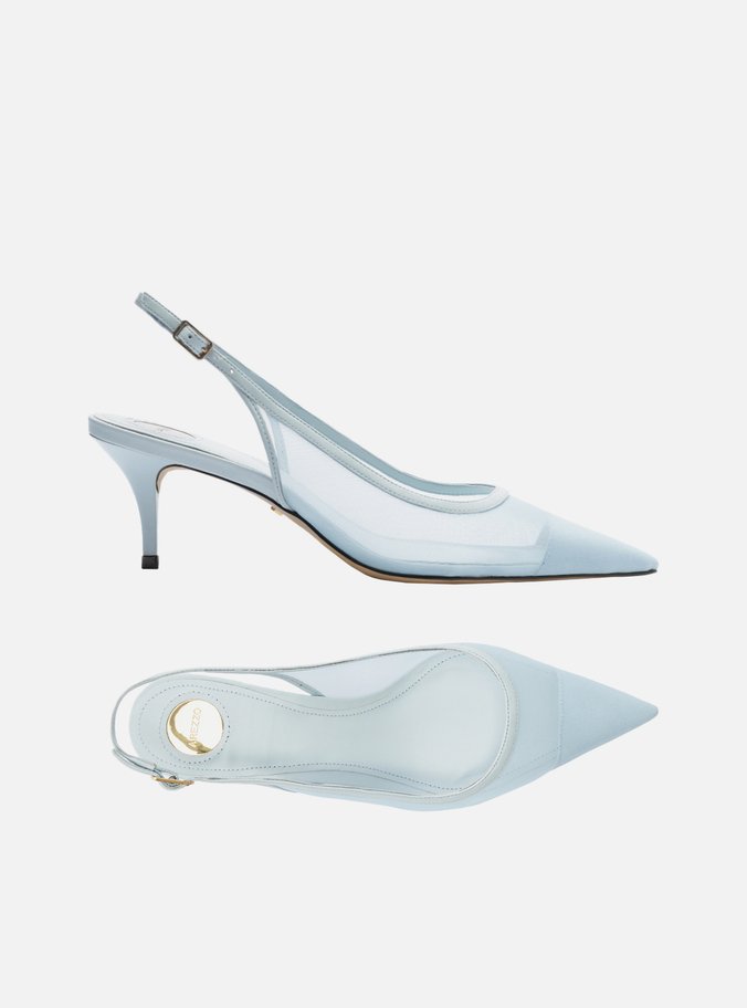 Scarpin Azul Tela Salto Kitten Slingback