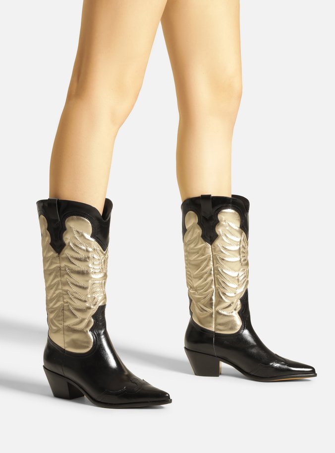 Bota Preta Couro Cano Médio Western Dourada