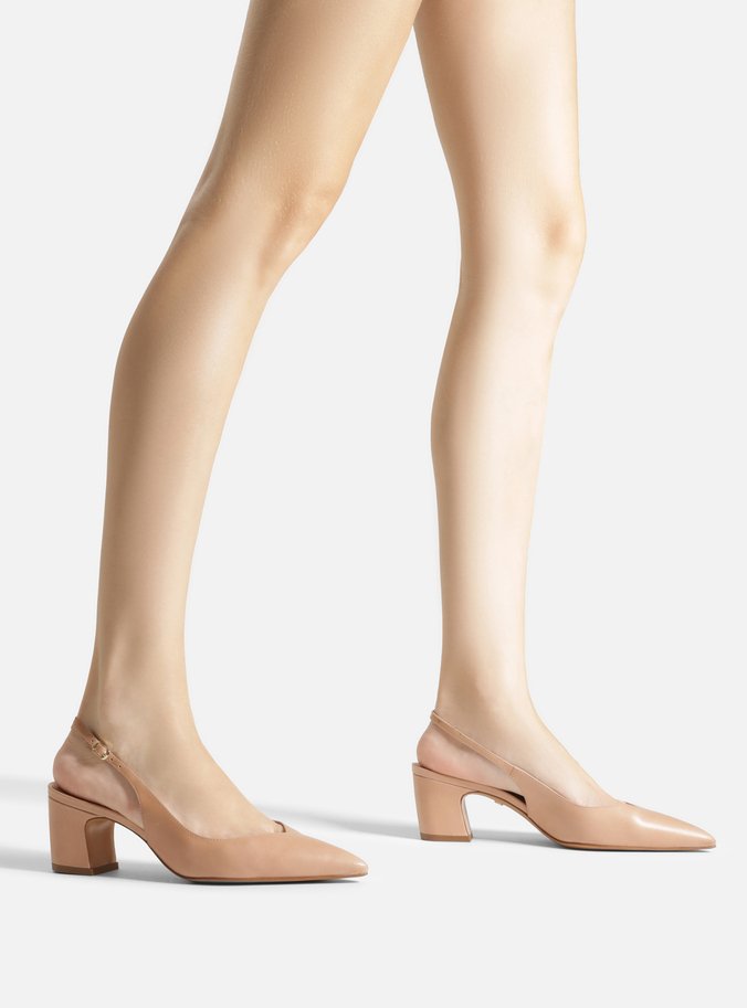 Scarpin Bege Couro Salto Médio Bloco Slingback