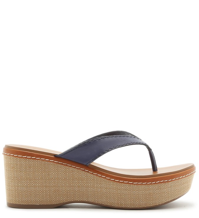 Sandália Couro Plataforma Média Pespontos Navy Blue