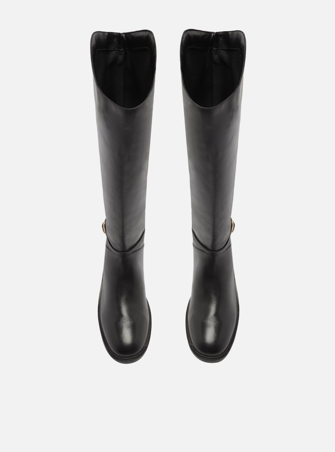 Bota Preta Couro Cano Longo Montaria Fivela