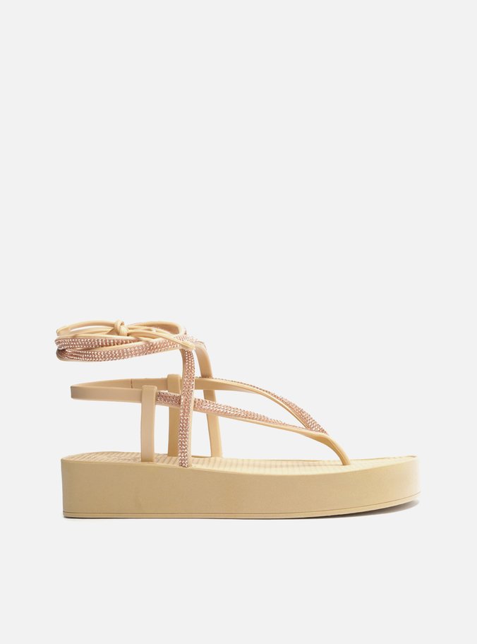 Sandália Dourada Strass Flatform Amarração Bela
