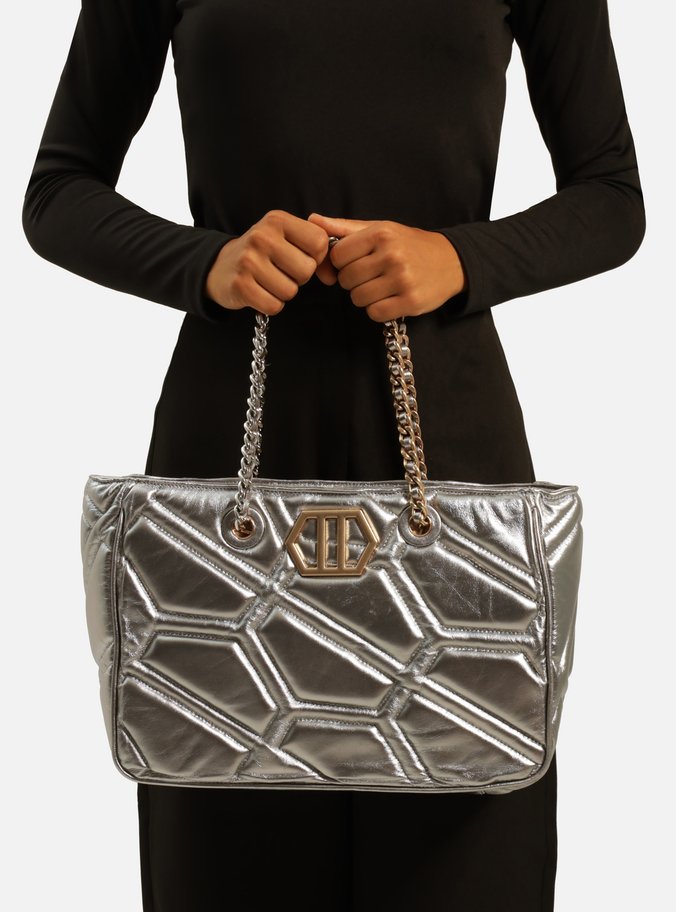 Bolsa Shopping Prata Couro Emma Grande Corrente
