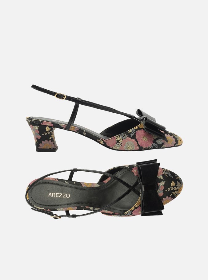 Scarpin Preto Estampa Salto Baixo Slingback Laço