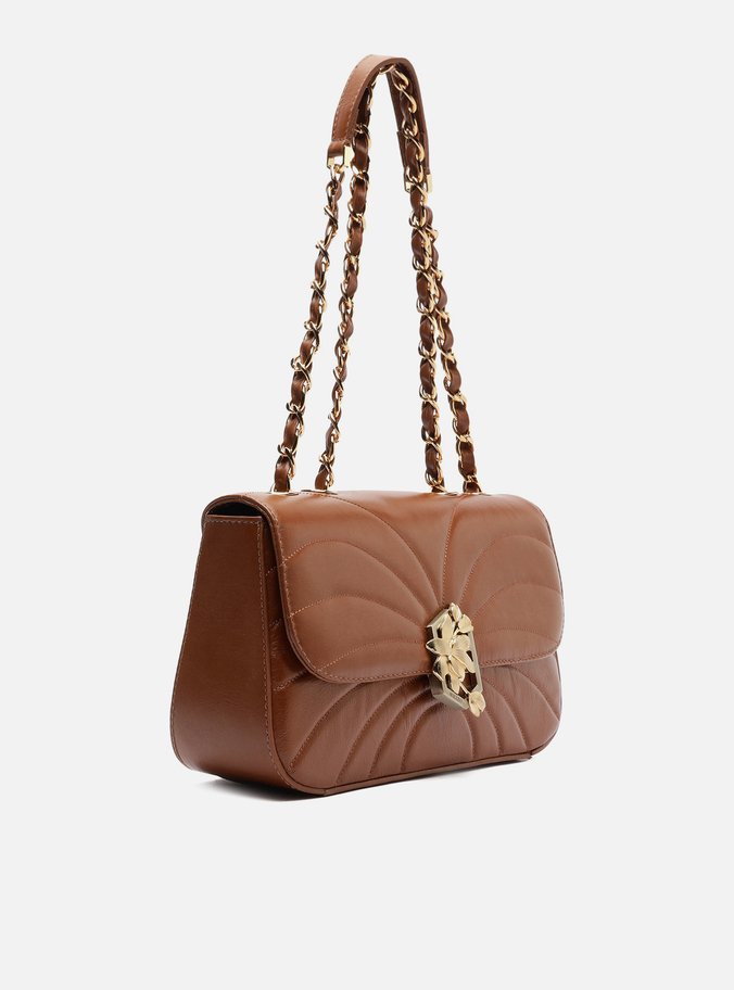 Bolsa Tiracolo Marrom Couro Média Metal Flor