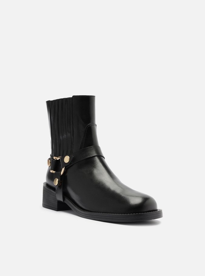 Bota Preta Couro Cano Curto Bloco Metal Biker
