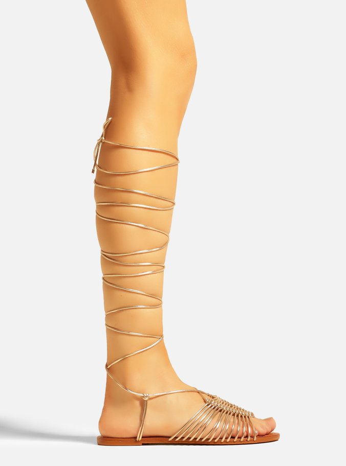 Sandália Rasteira Dourada Multi Tiras Amarração Ella