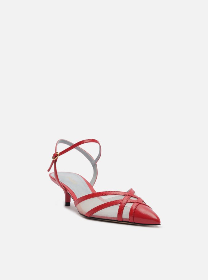 Scarpin Vermelho Couro Tela Salto Baixo Fivela