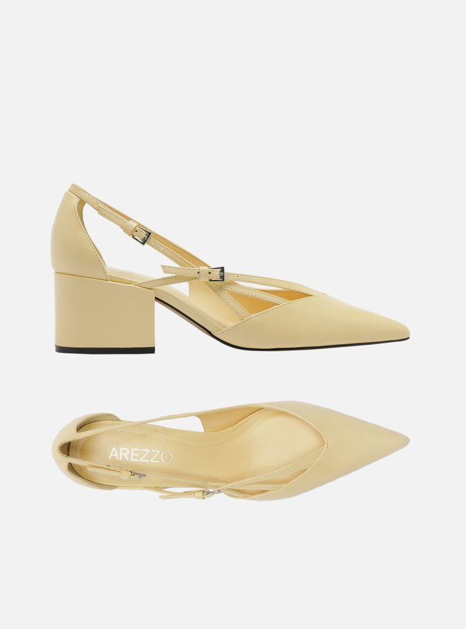Scarpin Amarelo Couro Bloco Semi Aberto Fivelas