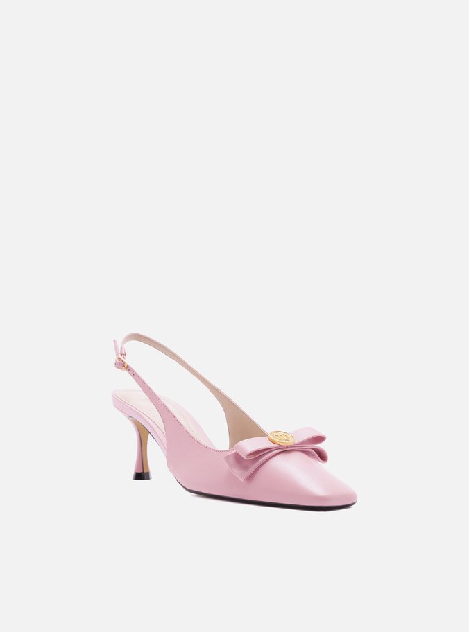 Scarpin Rosa Couro Bico Quadrado Slingback Laço