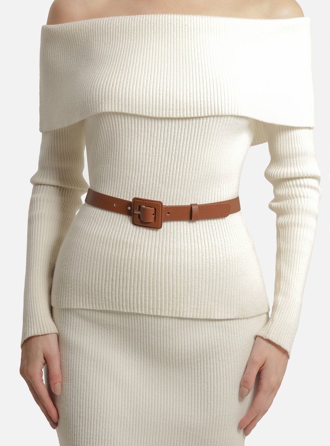 Cinto Marrom Couro Fino Fivela Quadrada