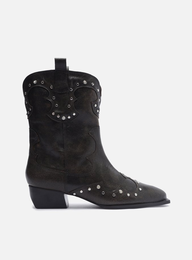 Bota Preta Couro Worn Cano Curto Western Folk