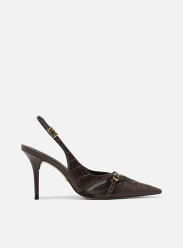 Scarpin Marrom Croco Salto Alto Slingback Tela