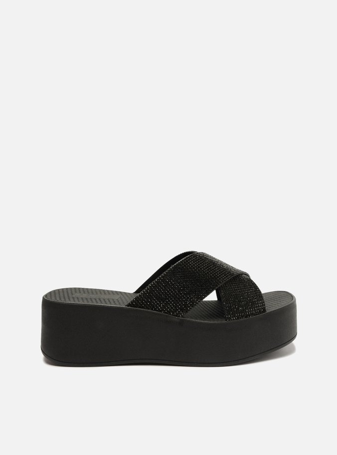 Tamanco Preta Flatform Tiras Strass Lulu