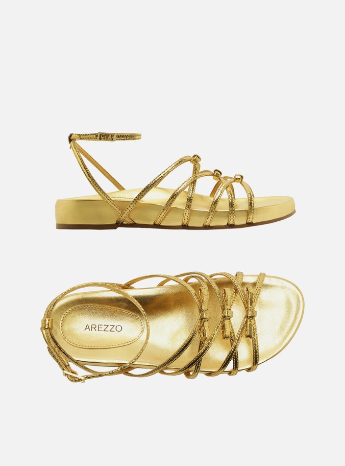 Sandália Rasteira Dourada Couro Flatform Laços