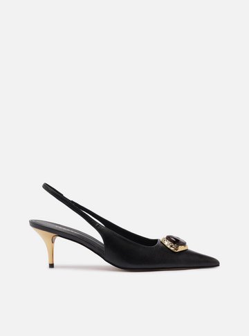 Scarpin Preto Couro Salto Baixo Slingback Pedraria