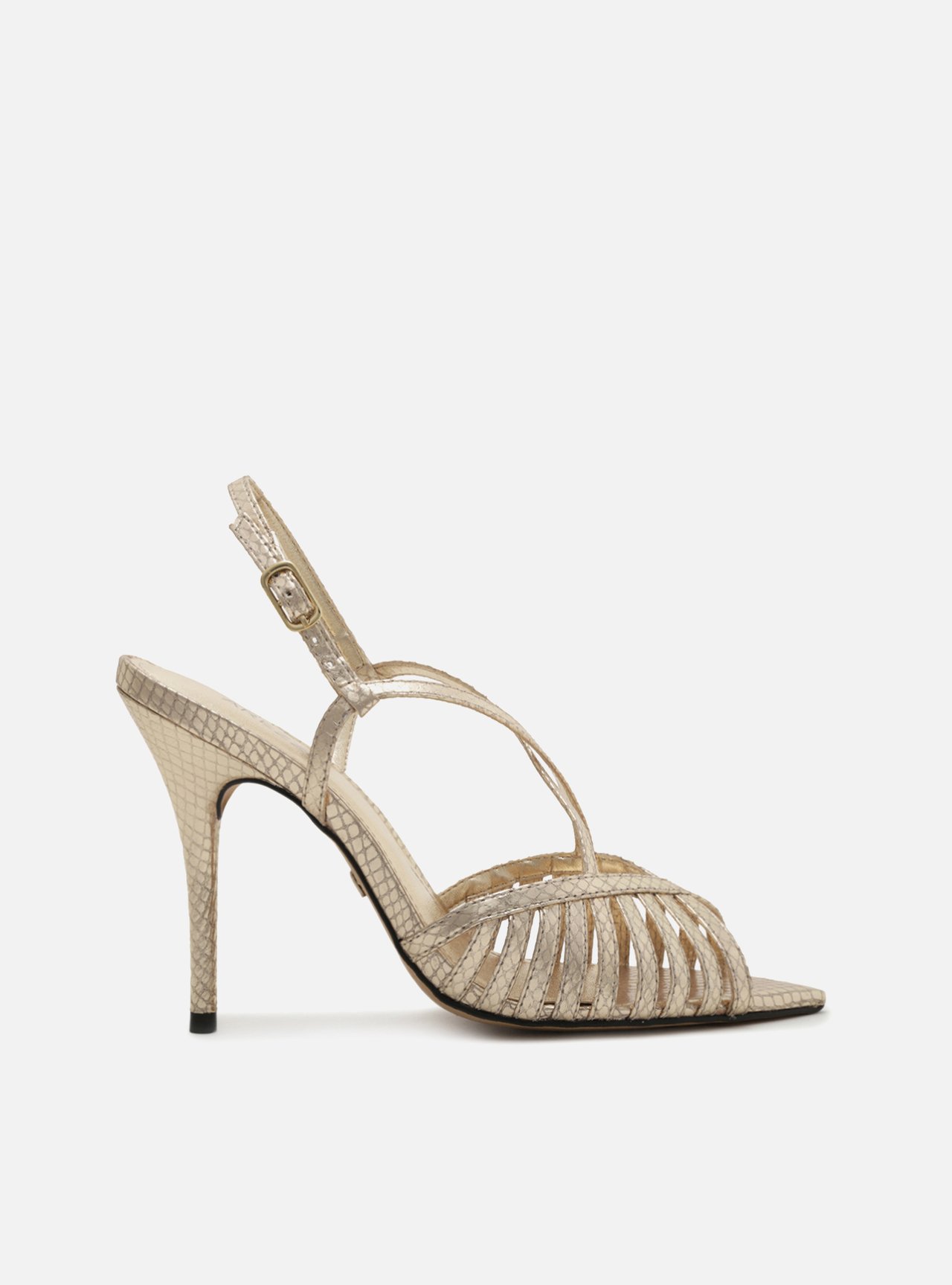 Bico Folha Salto Alto Na PromoÃ§Ã£o Sandália Dourada Snake Salto