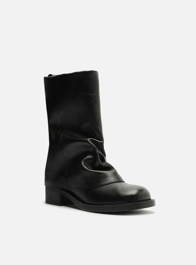 Bota Preta Couro Cano Curto Bloco Polaina
