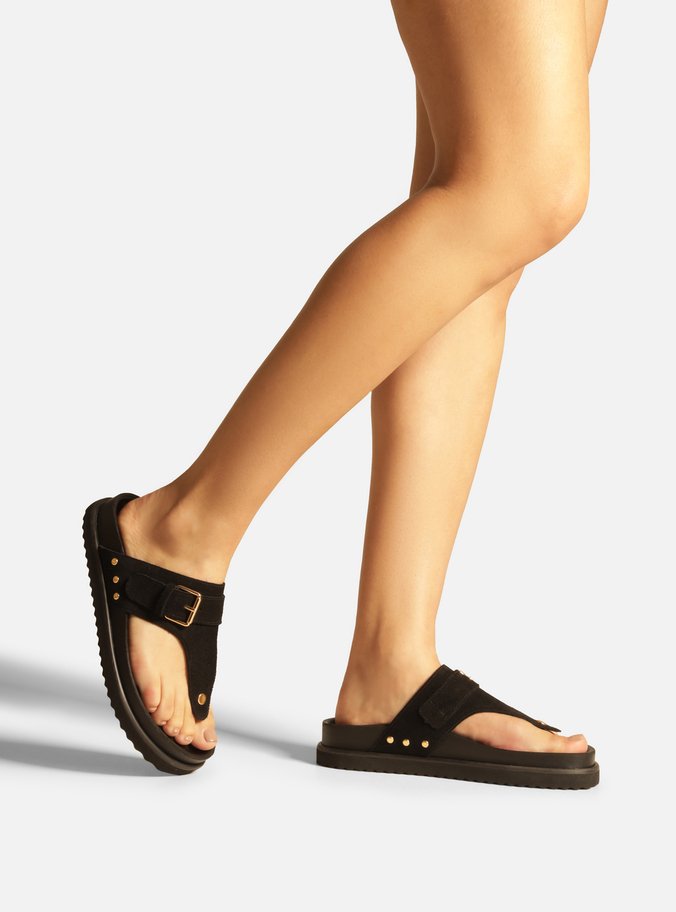 Sandália Papete Preta Suede Tira Fivela