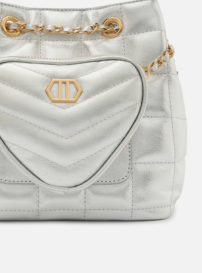 Bolsa Bucket Prata Couro Média Bolso Coração