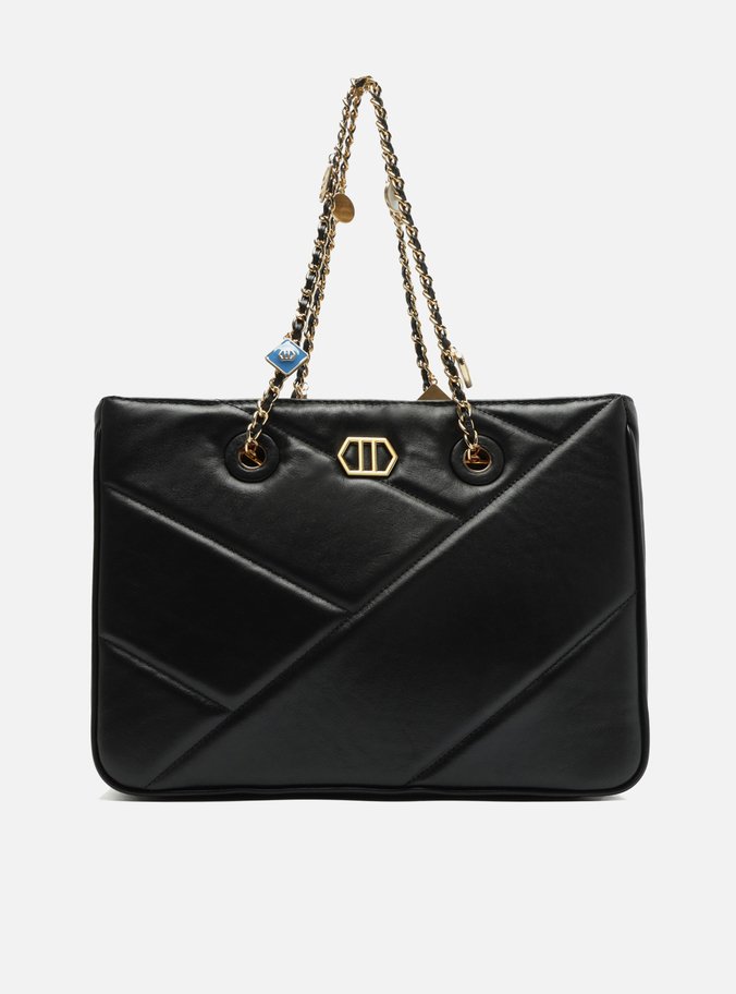 Bolsa Shopping Preta Couro Grande Pingentes