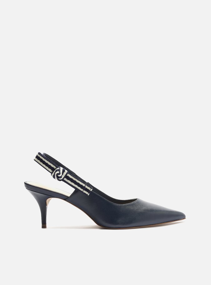 Scarpin Azul Couro Salto Baixo Slingback Laço