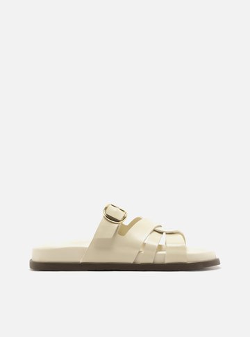 Arezzo — Sandália Papete Off White Couro Fivela Dourada
