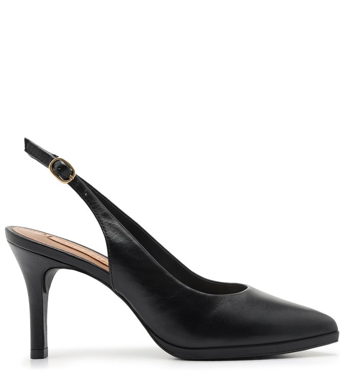 Scarpin Preto Couro Salto Alto Slingback