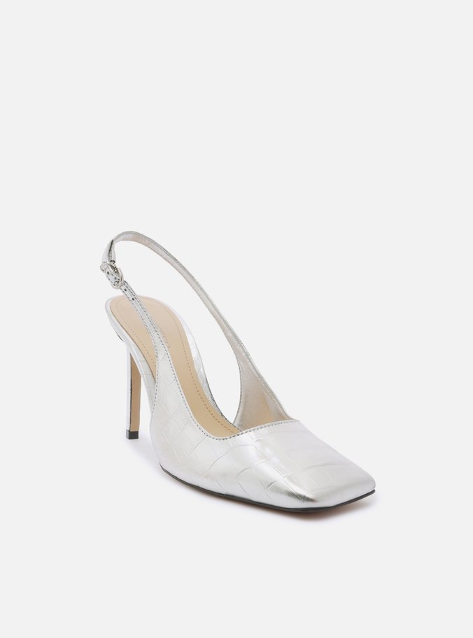 Scarpin Prata Snake Bico Quadrado Slingback