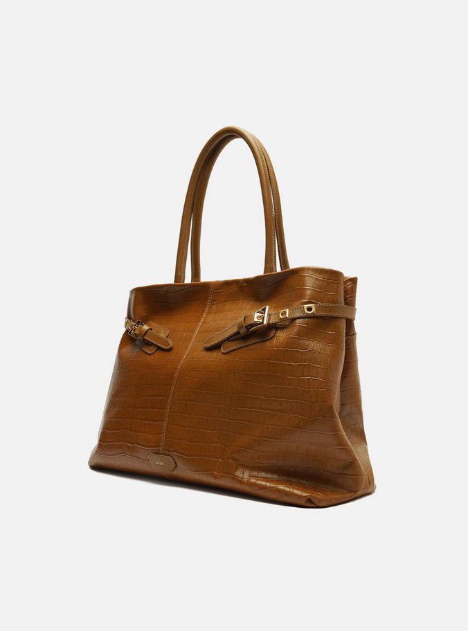 Bolsa Shopping Caramelo Couro Croco Grande Fivelas